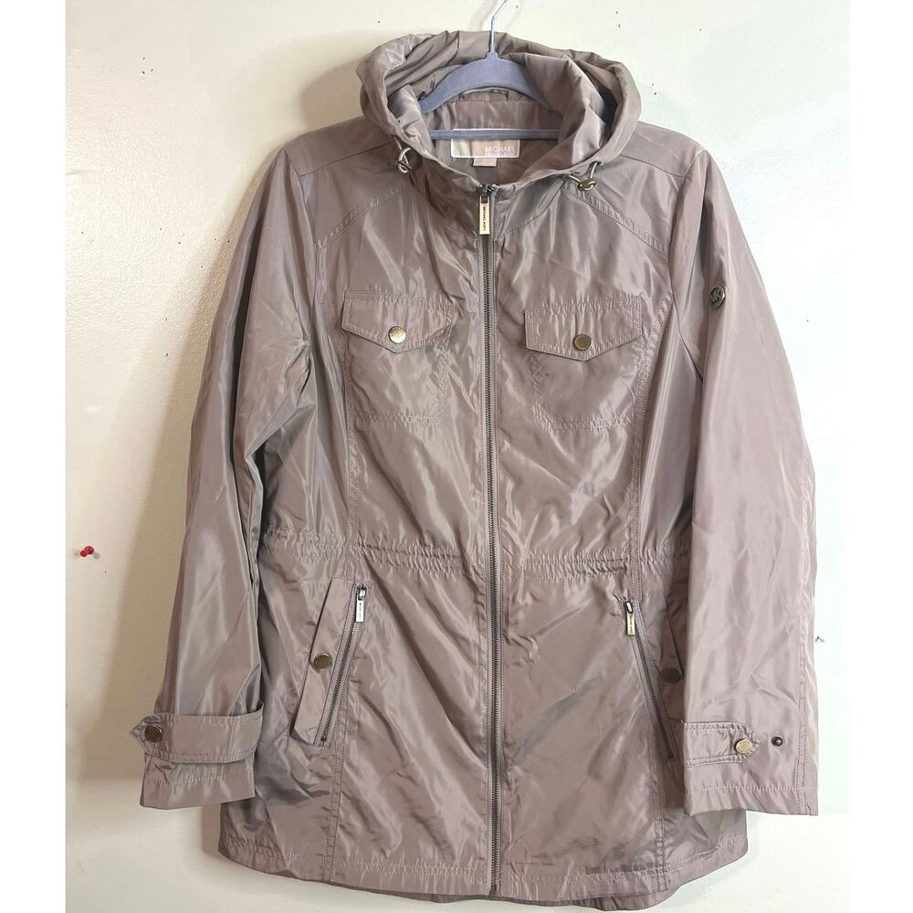 Michael Kors Taupe Hooded Anorak Utility Jacket Full Zip Drawstring Waist Size M